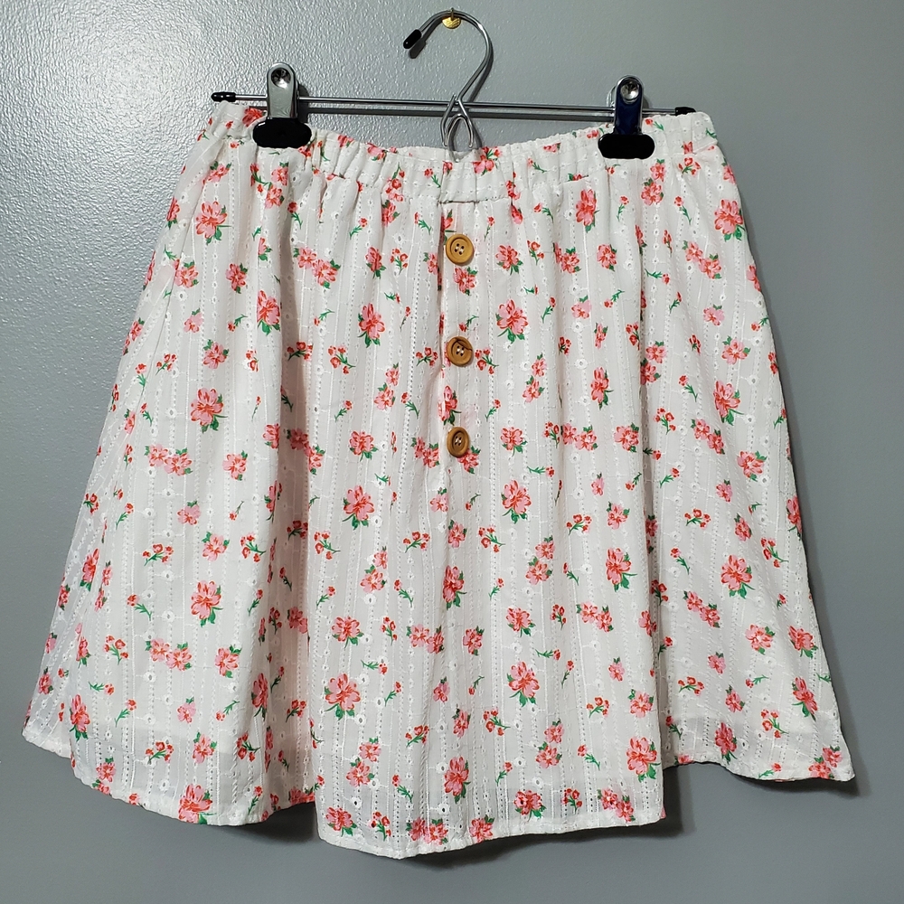 Rare Editions White Pink Floral Eyelet Button-Front Skater Skirt Girl's SZ 16